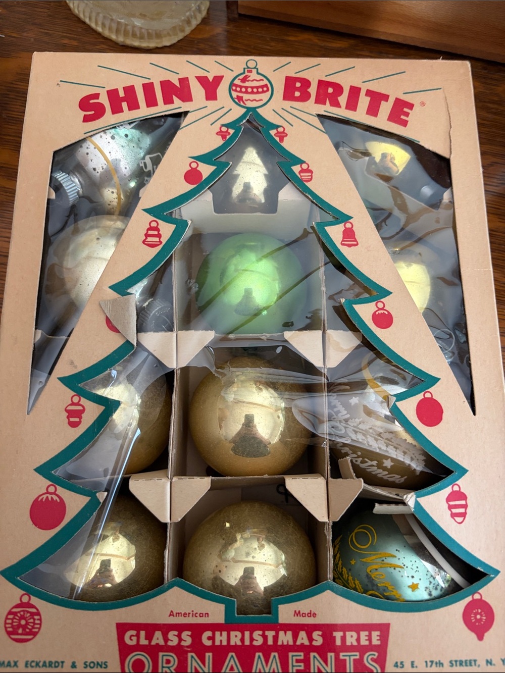 Shiny Brite Gold & Green Glass Christmas Ornaments